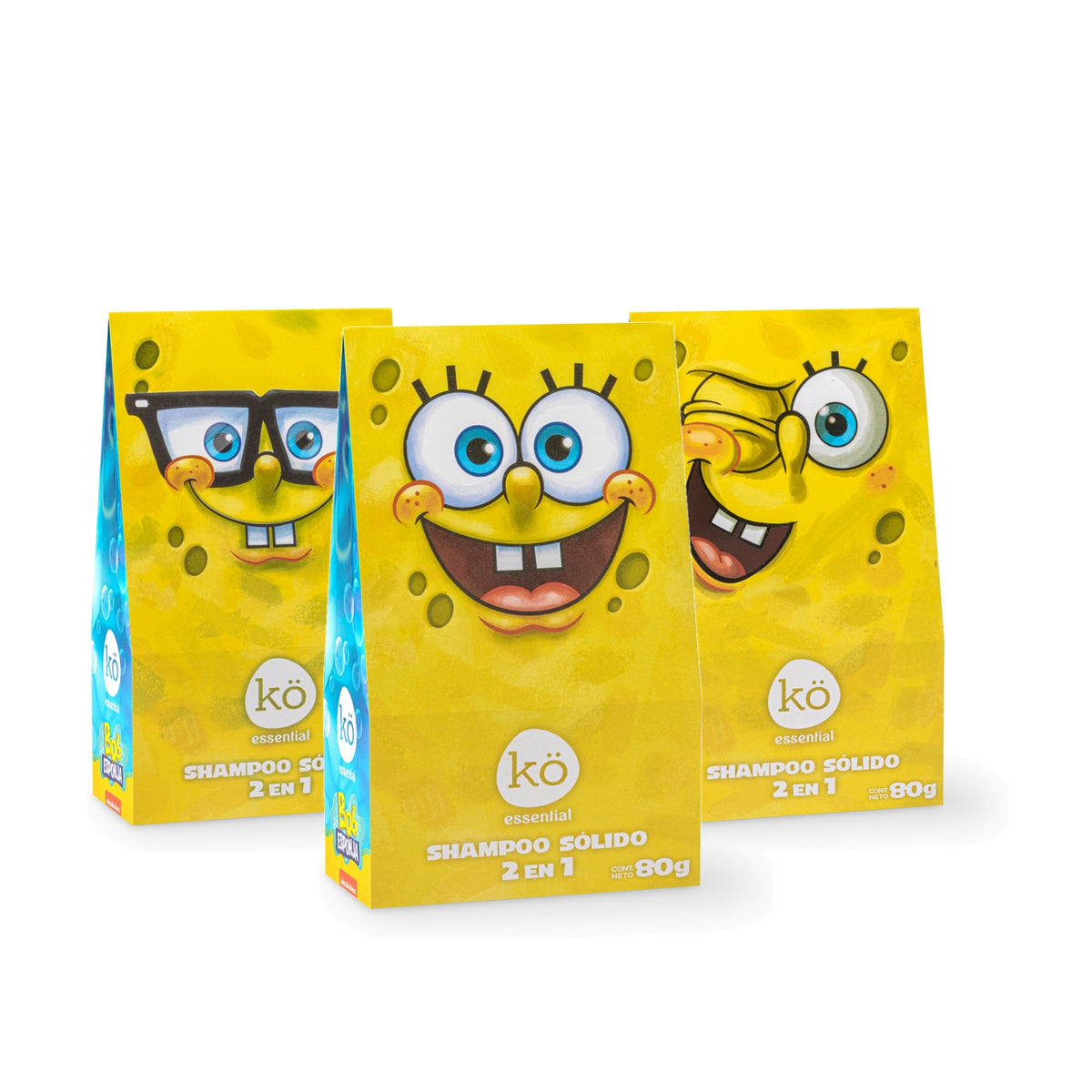 Tres shampoos sólidos 2 en 1 de Bob Esponja de KÖ Essential: sonrisa, lentes y guiño